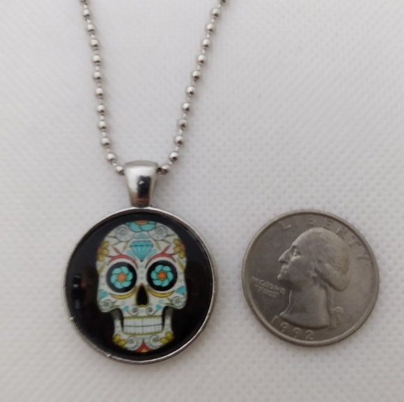 Handmade Sugar Skull Necklace on 1" Cabochon Pendant on 30" Ballbead Chain - Picture 2 of 5